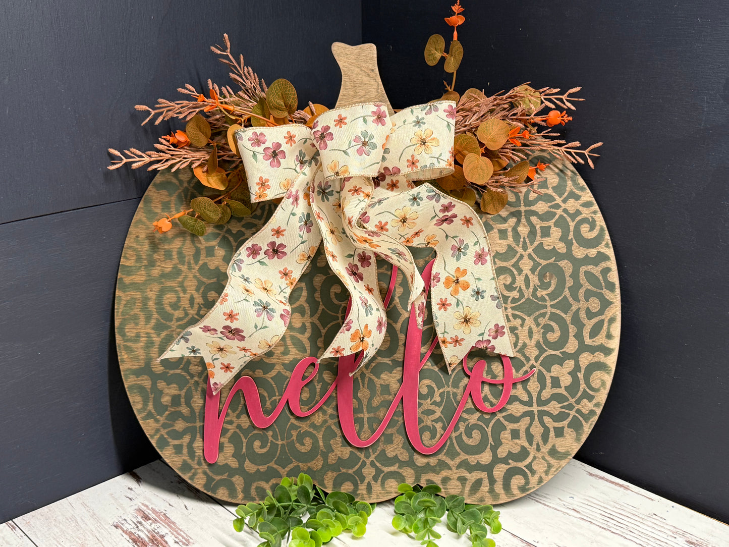 Fall Paint Party - Pumpkin Door Hanger, green stenciled pumpkin with pink hello and floral bow