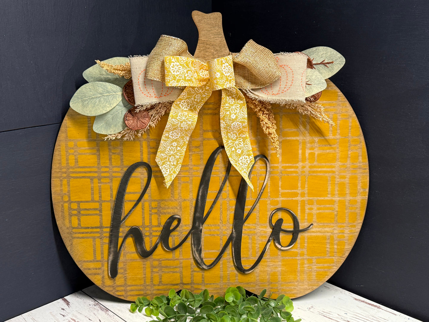 Fall Paint Party - Pumpkin Door Hanger, mustard plaid pumpkin with black hello and burlap bow