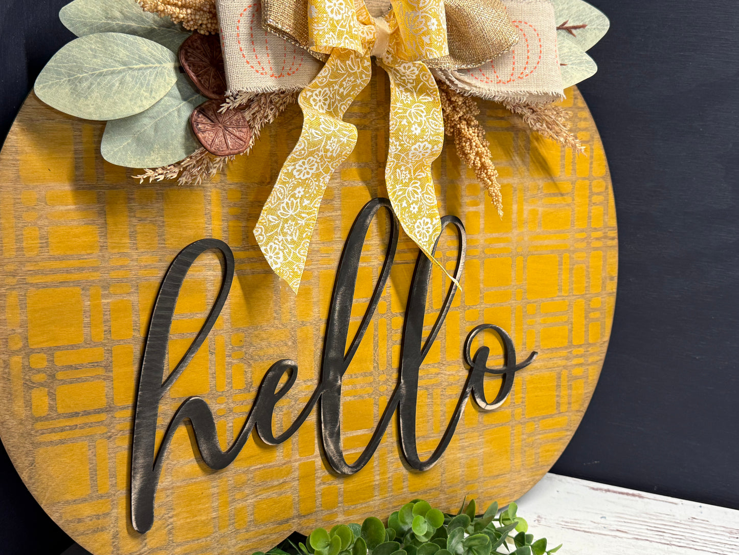 Fall Paint Party - Pumpkin Door Hanger, mustard plaid pumpkin, close-up