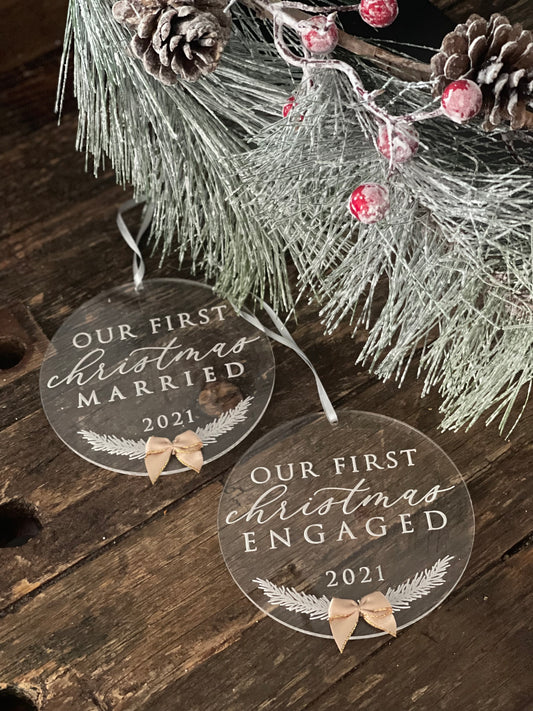 Our First Christmas Engaged / Married Acrylic Ornament