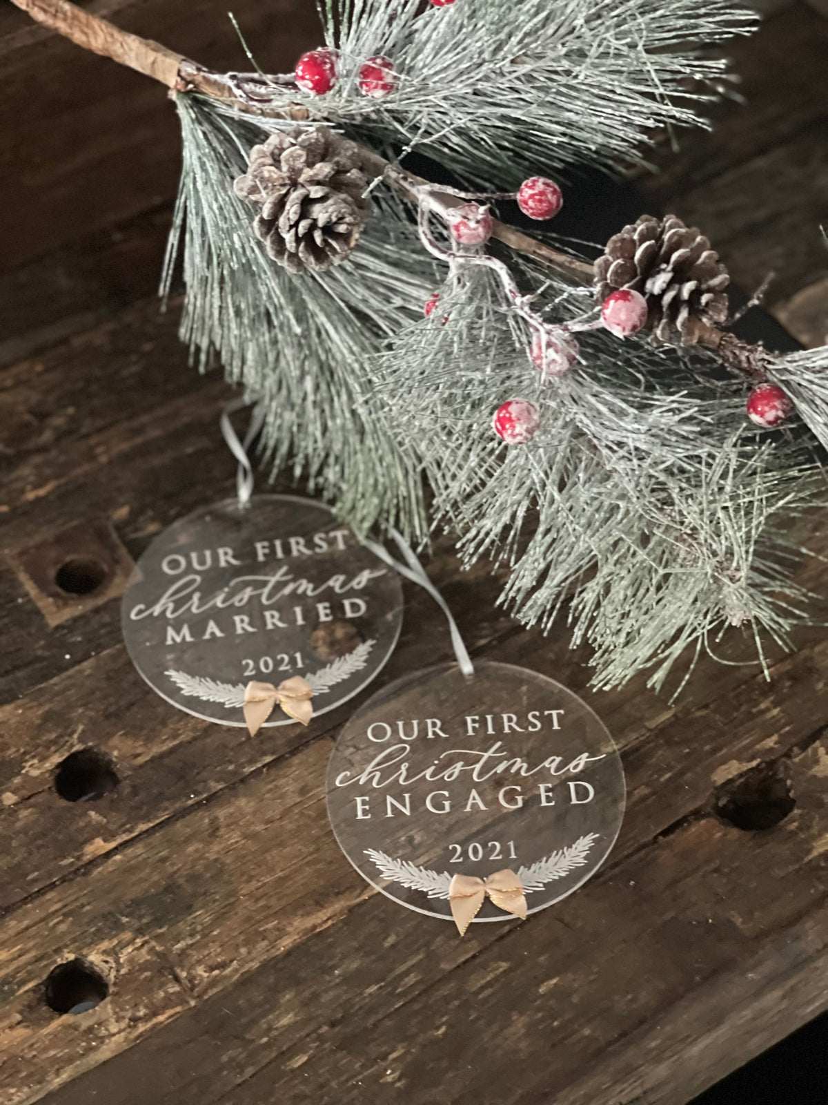 Our First Christmas Engaged / Married Acrylic Ornament