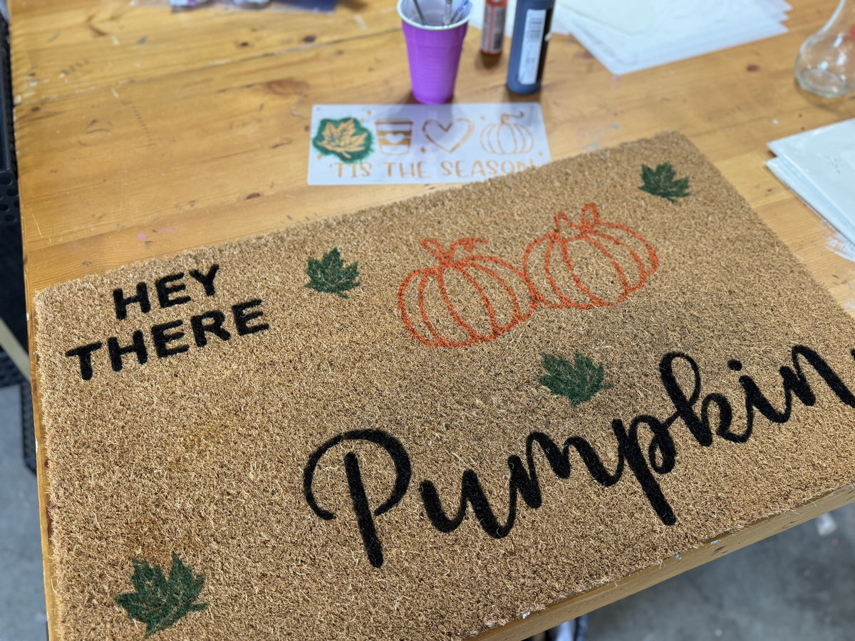 Fall Paint Party - Hey There Pumpkin stenciled coir doormat