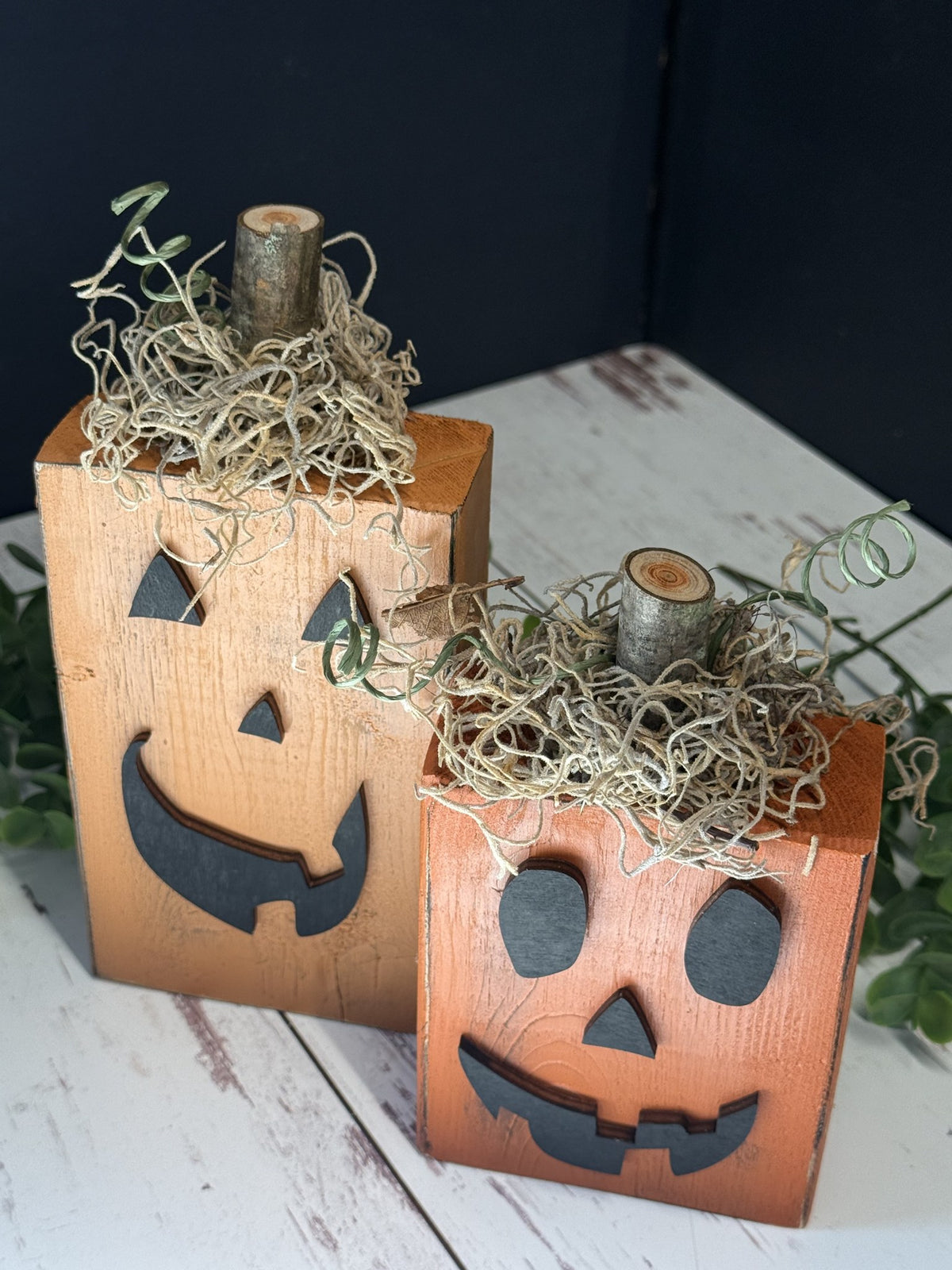 Pumpkin Set add-on - two painted wood block jack-o'-lanterns